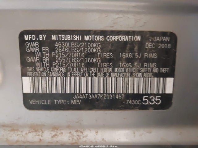 Aukcja sprzedaży 2019 Mitsubishi Eclipse Cross Es, vin: JA4AT3AA7KZ031467, numer aukcji: 45313821