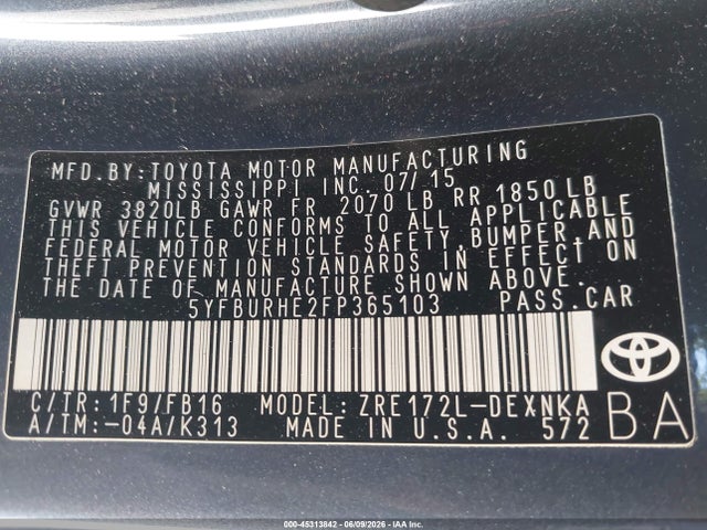 2015 Toyota Corolla Le მანქანა იყიდება აუქციონზე, vin: 5YFBURHE2FP365103, აუქციონის ნომერი: 45313842
