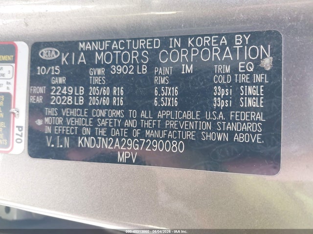 Aukcja sprzedaży 2016 Kia Soul, vin: KNDJN2A29G7290080, numer aukcji: 45313860