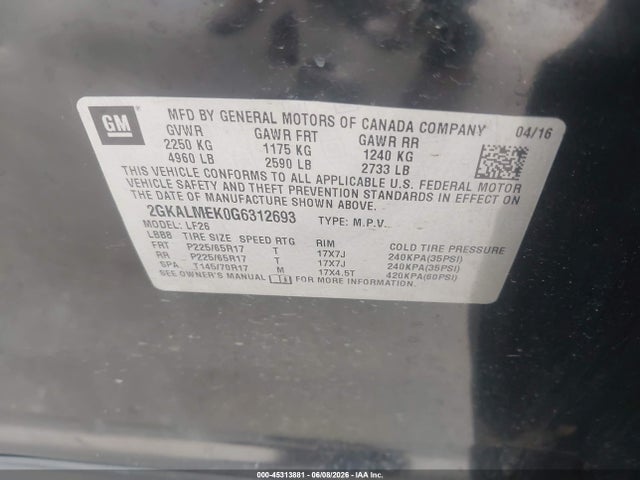 GMC Terrain Sle-1 2016 2GKALMEK0G6312693 Image 9