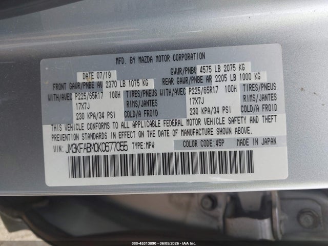 Aukcja sprzedaży 2019 Mazda Cx-5 Sport, vin: JM3KFABM0K0677055, numer aukcji: 45313890