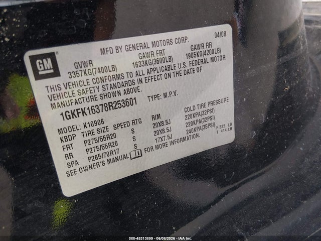Продаж на аукціоні авто 2008 Gmc Yukon Xl 1500 Slt, vin: 1GKFK16378R253601, номер лоту: 45313899