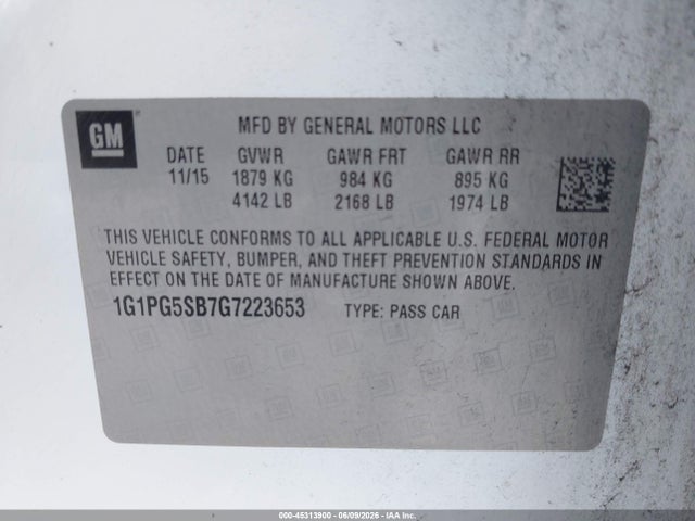 45313900 :رقم المزاد ، 1G1PG5SB7G7223653 vin ، 2016 Chevrolet Cruze Limited Ltz Auto مزاد بيع