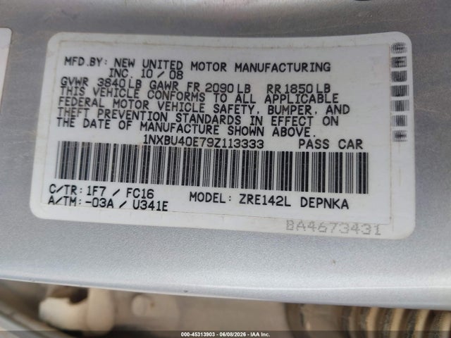 2009 Toyota Corolla Xle მანქანა იყიდება აუქციონზე, vin: 1NXBU40E79Z113333, აუქციონის ნომერი: 45313903