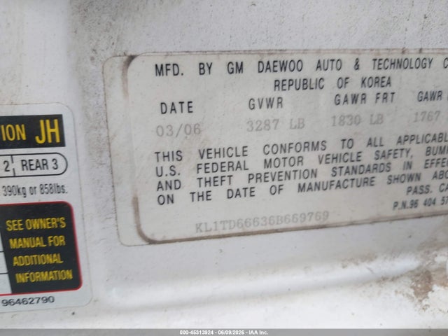 45313924 :رقم المزاد ، KL1TD66636B669769 vin ، 2006 Chevrolet Aveo Ls مزاد بيع