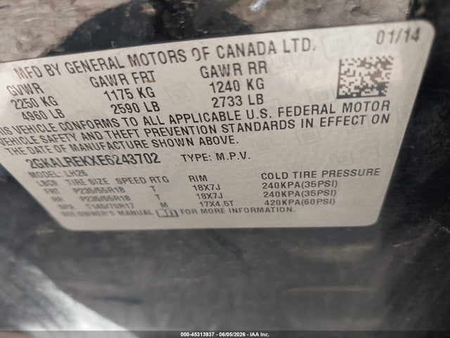 Aukcja sprzedaży 2014 Gmc Terrain Sle-2, vin: 2GKALREKXE6243702, numer aukcji: 45313937