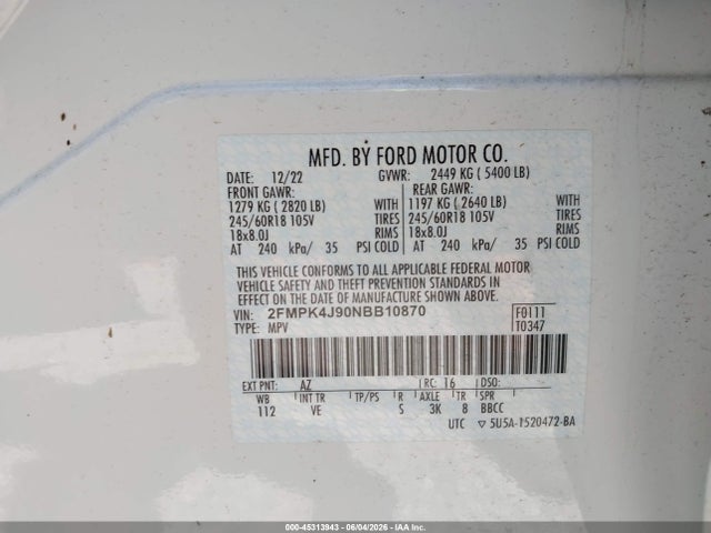 Aukcja sprzedaży 2022 Ford Edge Sel, vin: 2FMPK4J90NBB10870, numer aukcji: 45313943