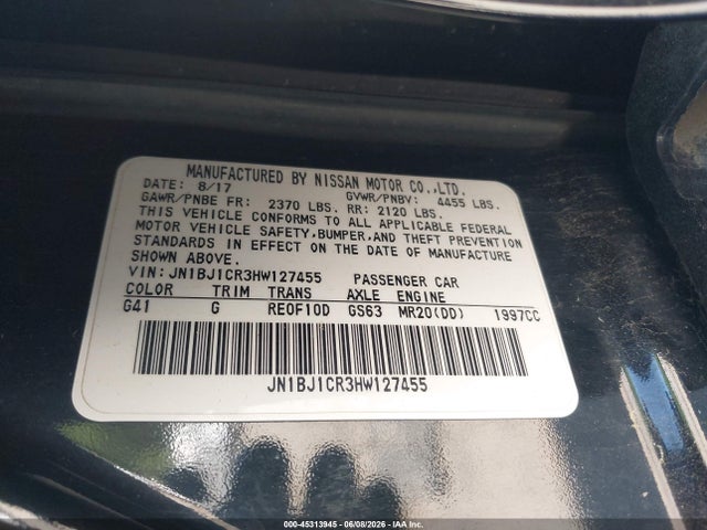 2017 Nissan Rogue Sport Sl მანქანა იყიდება აუქციონზე, vin: JN1BJ1CR3HW127455, აუქციონის ნომერი: 45313945