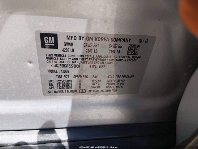 Aukcja sprzedaży 2015 Buick Encore Convenience, vin: KL4CJBSB3FB270058, numer aukcji: 45313947