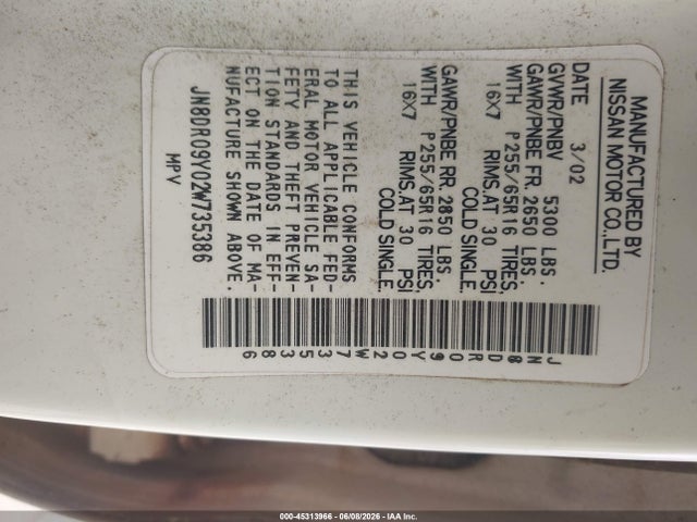 Продаж на аукціоні авто 2002 Nissan Pathfinder Se, vin: JN8DR09Y02W735386, номер лоту: 45313966
