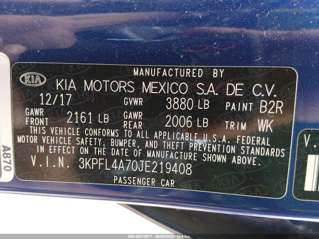 3KPFL4A70JE219408 KIA FORTE S