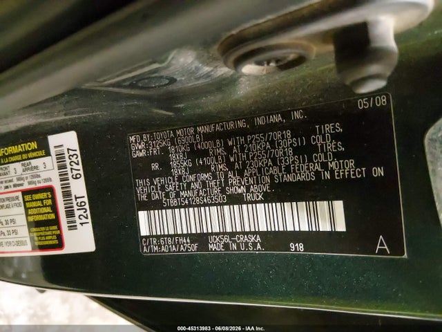 2008 Toyota Tundra Base 4.7l V8 მანქანა იყიდება აუქციონზე, vin: 5TBBT54128S463503, აუქციონის ნომერი: 45313983