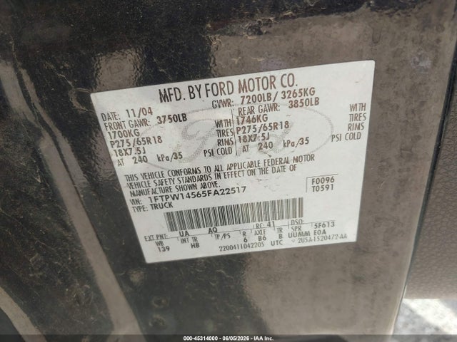 Aukcja sprzedaży 2005 Ford F-150 Fx4/lariat/xlt, vin: 1FTPW14565FA22517, numer aukcji: 45314000