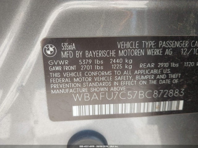 45314009 :رقم المزاد ، WBAFU7C57BC872883 vin ، 2011 Bmw 535i Xdrive مزاد بيع