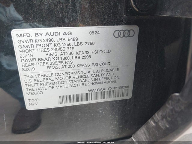 Aukcja sprzedaży 2024 Audi Q5 Premium 45 Tfsi S Line Quattro, vin: WA1GAAFYXR2106286, numer aukcji: 45314010