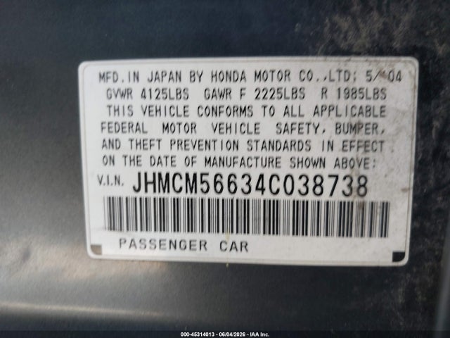 2004 Honda Accord 2.4 Ex მანქანა იყიდება აუქციონზე, vin: JHMCM56634C038738, აუქციონის ნომერი: 45314013