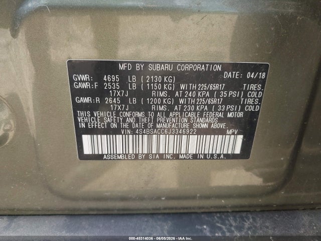 Aukcja sprzedaży 2018 Subaru Outback 2.5i Premium, vin: 4S4BSACC6J3346922, numer aukcji: 45314036