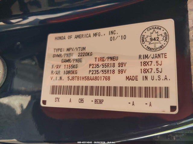 Продаж на аукціоні авто 2010 Acura Rdx, vin: 5J8TB1H58AA801768, номер лоту: 45314048