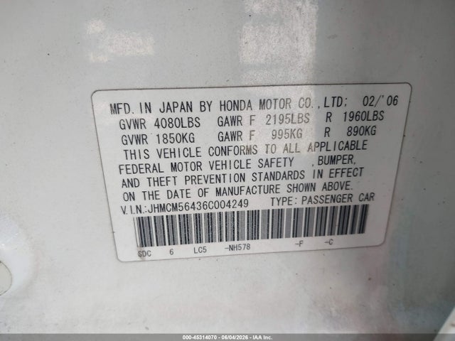 2006 Honda Accord 2.4 Lx მანქანა იყიდება აუქციონზე, vin: JHMCM56436C004249, აუქციონის ნომერი: 45314070