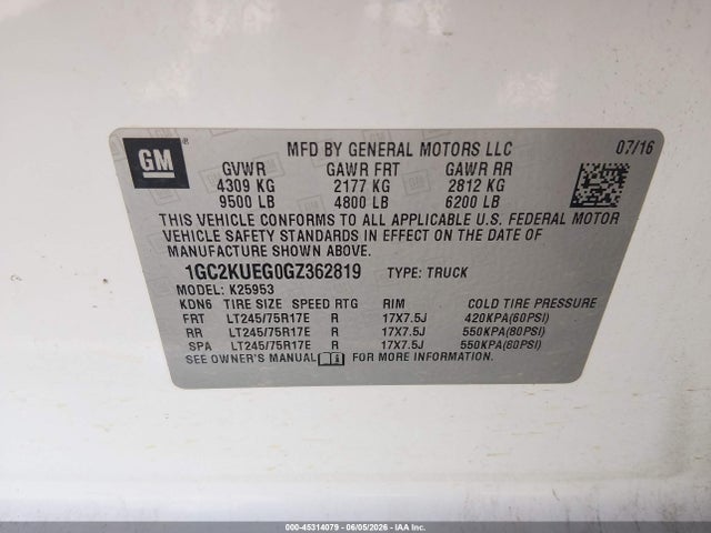 Продажа на аукционе авто 2016 Chevrolet Silverado 2500hd Wt, vin: 1GC2KUEG0GZ362819, номер лота: 45314079
