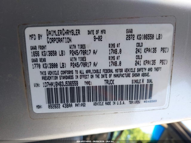 Aukcja sprzedaży 2003 Dodge Ram 1500 Slt/laramie/st, vin: 1D7HA16N63J536559, numer aukcji: 45314085