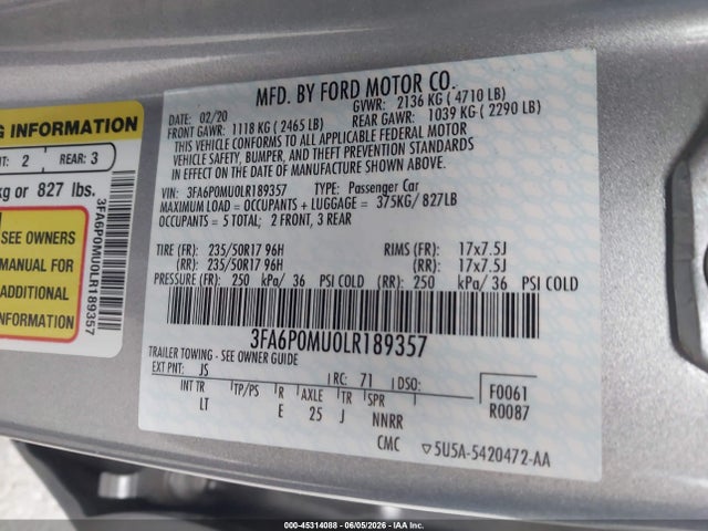 Ford Fusion Hybrid Sel 2020 3FA6P0MU0LR189357 Image 9