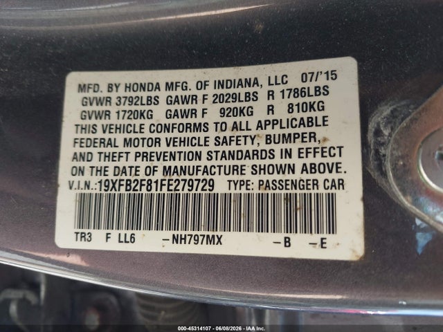 45314107 :رقم المزاد ، 19XFB2F81FE279729 vin ، 2015 Honda Civic Ex مزاد بيع