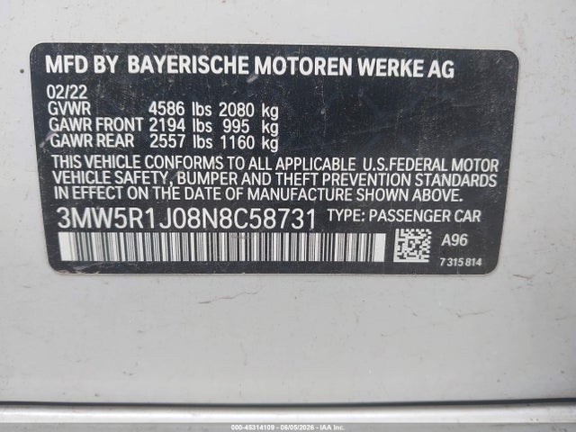 Aukcja sprzedaży 2022 Bmw 330i, vin: 3MW5R1J08N8C58731, numer aukcji: 45314109