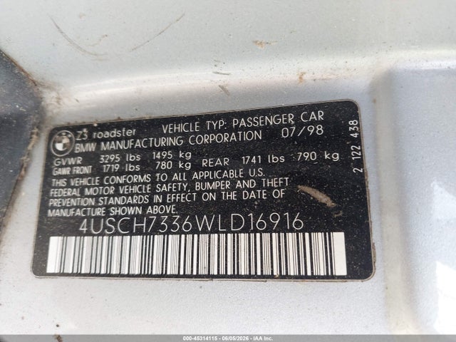 Aukcja sprzedaży 1998 Bmw Z3 1.9, vin: 4USCH7336WLD16916, numer aukcji: 45314115