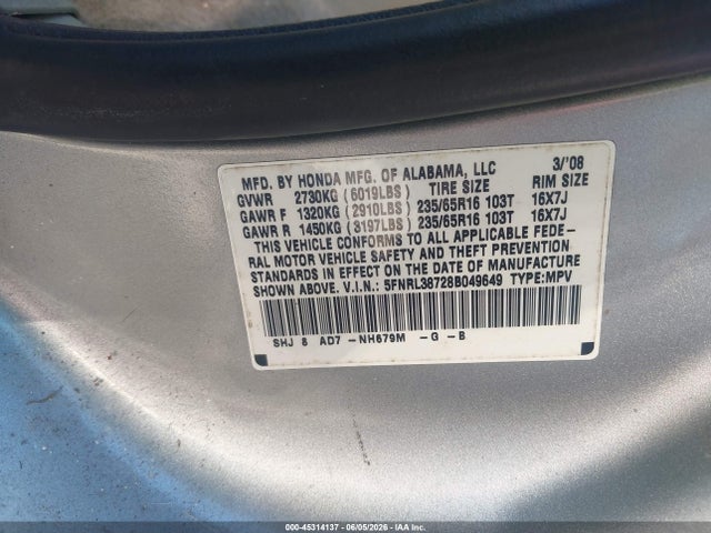 Aukcja sprzedaży 2008 Honda Odyssey Ex-l, vin: 5FNRL38728B049649, numer aukcji: 45314137