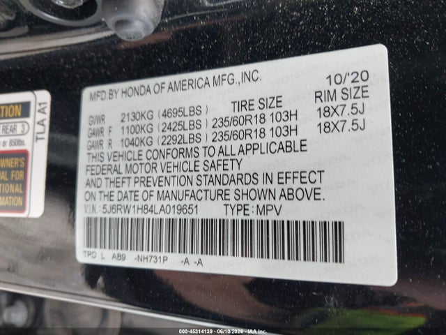 Продажа на аукционе авто 2020 Honda Cr-v 2wd Ex-l, vin: 5J6RW1H84LA019651, номер лота: 45314139