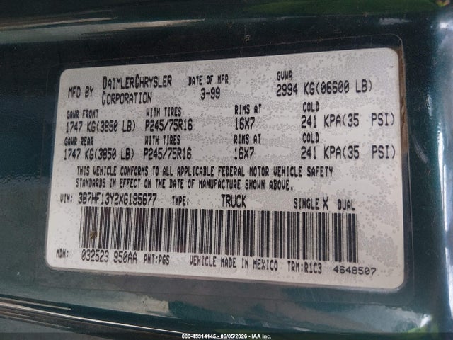Aukcja sprzedaży 1999 Dodge Ram 1500 St, vin: 3B7HF13Y2XG195677, numer aukcji: 45314145