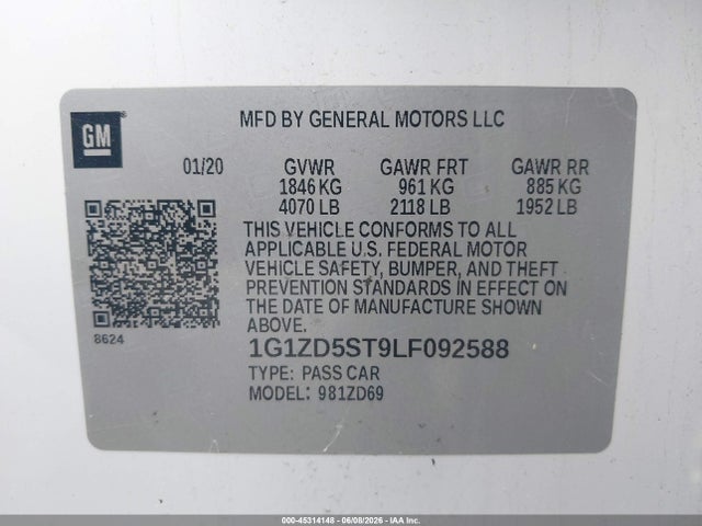 Aukcja sprzedaży 2020 Chevrolet Malibu Fwd Lt, vin: 1G1ZD5ST9LF092588, numer aukcji: 45314148