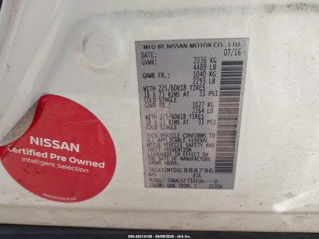 Aukcja sprzedaży 2016 Nissan Rogue Sl, vin: 5N1AT2MT0GC888796, numer aukcji: 45314149