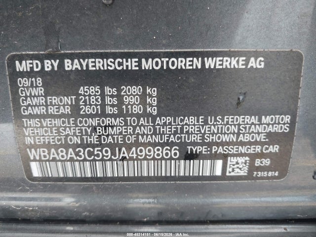 45314151 :رقم المزاد ، WBA8A3C59JA499866 vin ، 2018 Bmw 320i Xdrive مزاد بيع