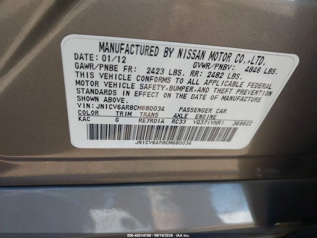 Aukcja sprzedaży 2012 Infiniti G37x, vin: JN1CV6AR8CM680034, numer aukcji: 45314158