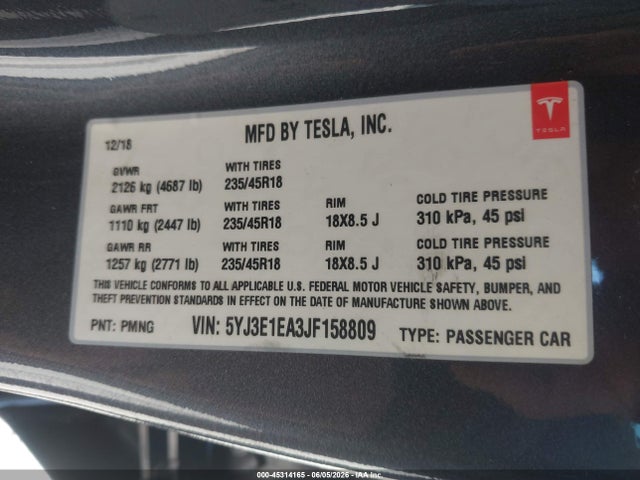 Tesla Model 3 Long Range/mid Range 2018 5YJ3E1EA3JF158809 Image 9