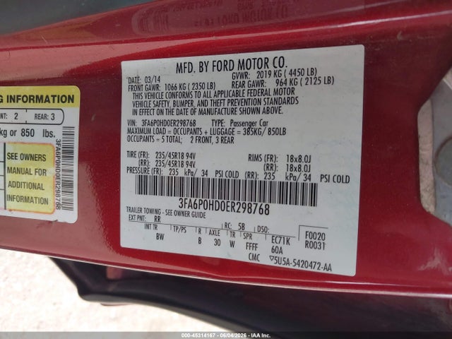 Ford FUSION SE 2014 3FA6P0HD0ER298768 Image 9