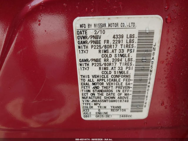 Aukcja sprzedaży 2010 Nissan Rogue Sl, vin: JN8AS5MT0AW016749, numer aukcji: 45314174