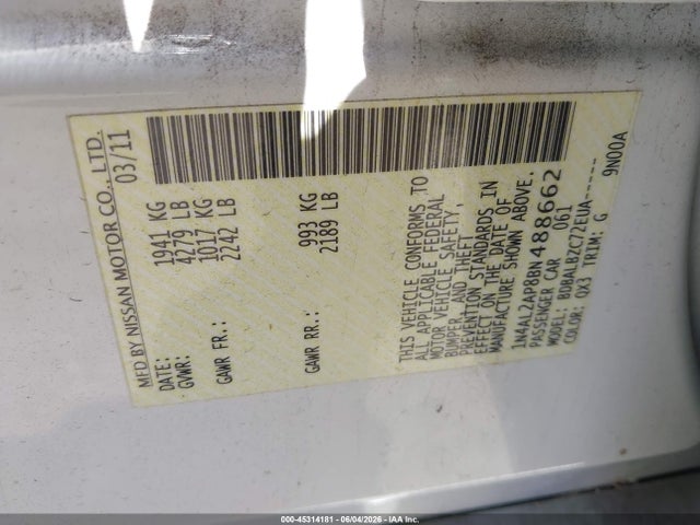 45314181 :رقم المزاد ، 1N4AL2AP8BN488662 vin ، 2011 Nissan Altima 2.5 S مزاد بيع