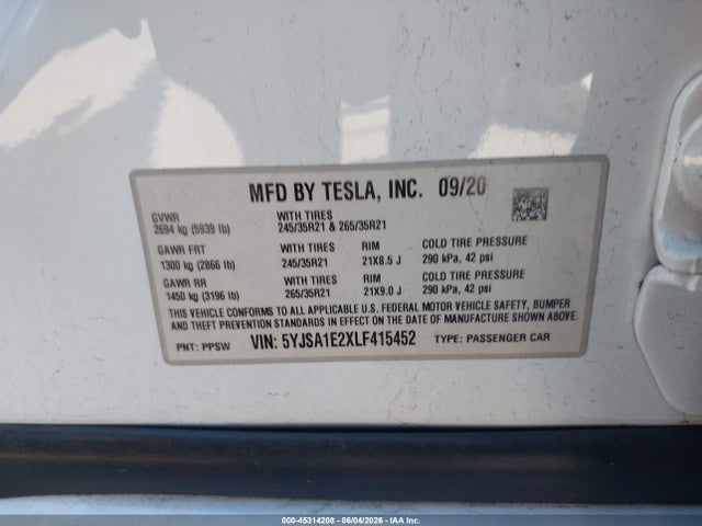 Продаж на аукціоні авто 2020 Tesla Model S Long Range Dual Motor All-wheel Drive/long Range Plus Dual Motor All-wheel Drive, vin: 5YJSA1E2XLF415452, номер лоту: 45314208