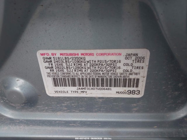 Aukcja sprzedaży 2007 Mitsubishi Outlander Ls, vin: JA4MT31X07U006481, numer aukcji: 45314218