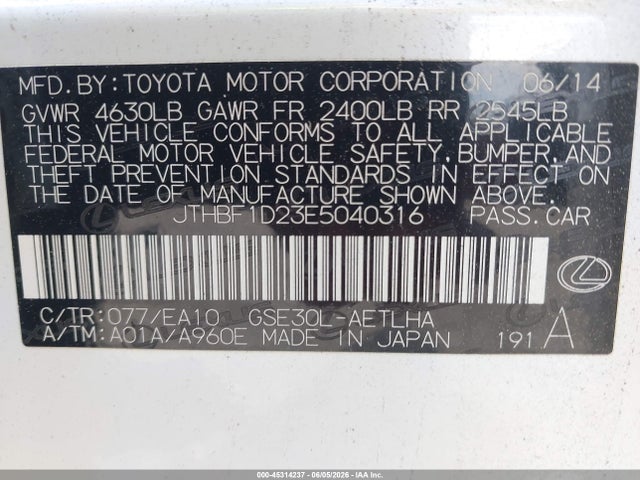 Продаж на аукціоні авто 2014 Lexus Is 250, vin: JTHBF1D23E5040316, номер лоту: 45314237