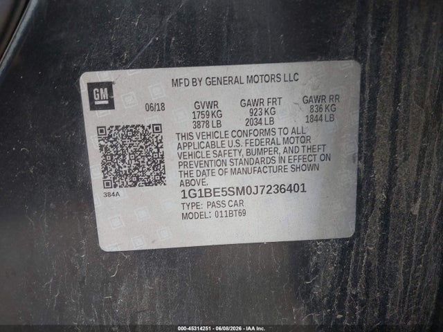 45314251 :رقم المزاد ، 1G1BE5SM0J7236401 vin ، 2018 Chevrolet Cruze Lt Auto مزاد بيع