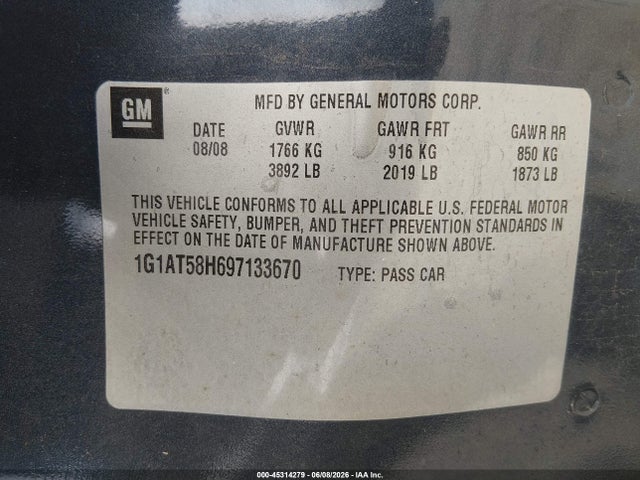 2009 Chevrolet Cobalt Lt მანქანა იყიდება აუქციონზე, vin: 1G1AT58H697133670, აუქციონის ნომერი: 45314279
