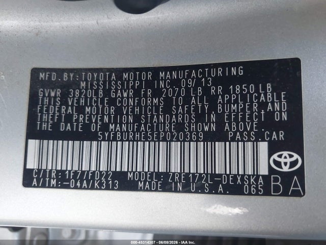 Aukcja sprzedaży 2014 Toyota Corolla S Plus, vin: 5YFBURHE5EP020369, numer aukcji: 45314307