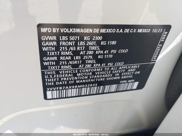 2024 Volkswagen Tiguan 2.0t S მანქანა იყიდება აუქციონზე, vin: 3VVFB7AX9RM032935, აუქციონის ნომერი: 45314315