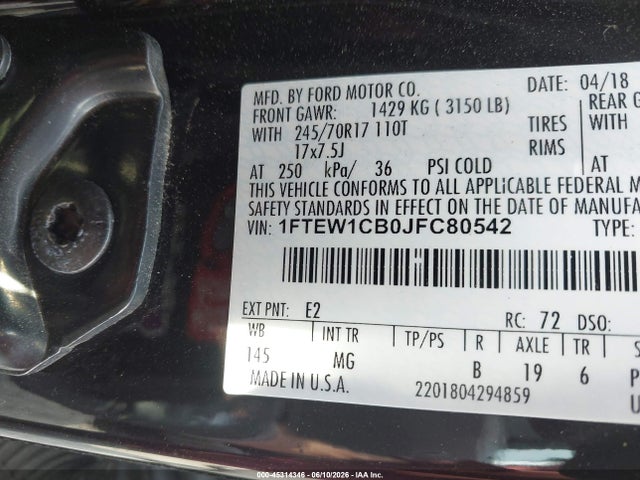 45314346 :رقم المزاد ، 1FTEW1CB0JFC80542 vin ، 2018 Ford F-150 Xlt مزاد بيع