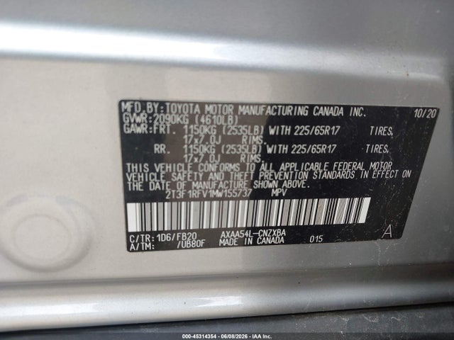 Aukcja sprzedaży 2021 Toyota Rav4 Le, vin: 2T3F1RFV1MW155737, numer aukcji: 45314354