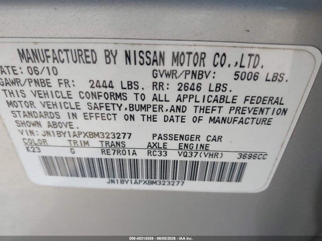 Aukcja sprzedaży 2011 Infiniti M37, vin: JN1BY1APXBM323277, numer aukcji: 45314359